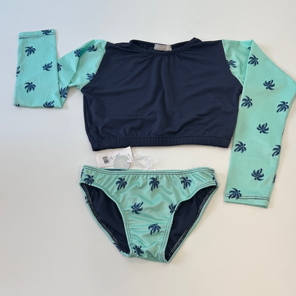 Planet Sea Girls Navy Mint Palm Tree Long Sleeve Rash Guard Swimsuit Set 10 NWT